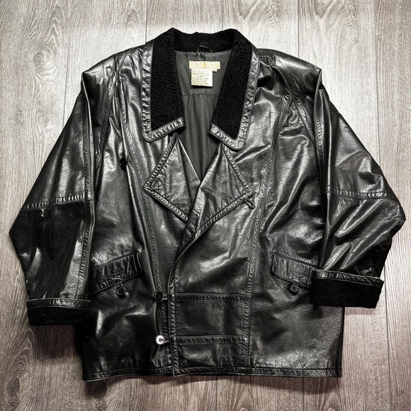 American Vintage Jackets & Blazers - Vintage Wrap Leather Jacket 1990s Debbie Shuchat Coat Black Sherpa XL